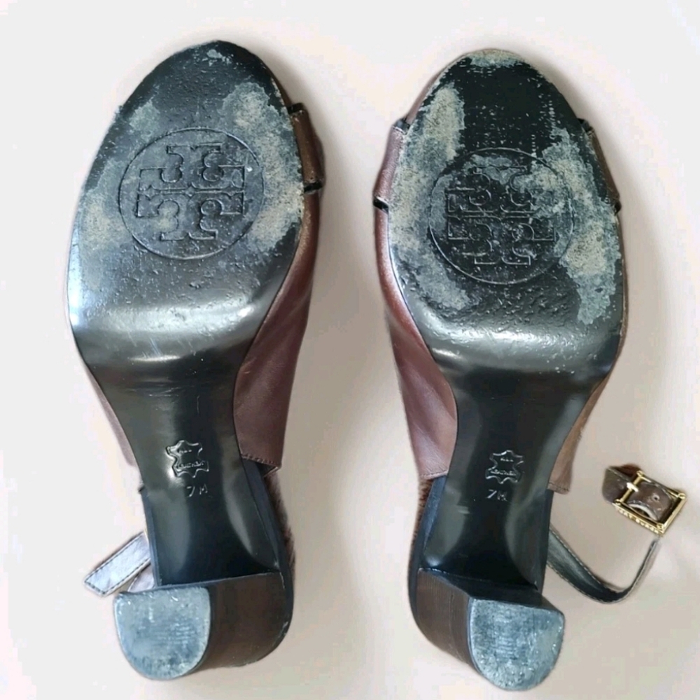 Tory Burch Womens 7M Peep Toe Slingback High Heels Tennyson Brown Leather Pump - Picture 11 of 12